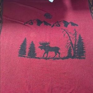 Wooded River Red Blanket with Moose and Mountain Design